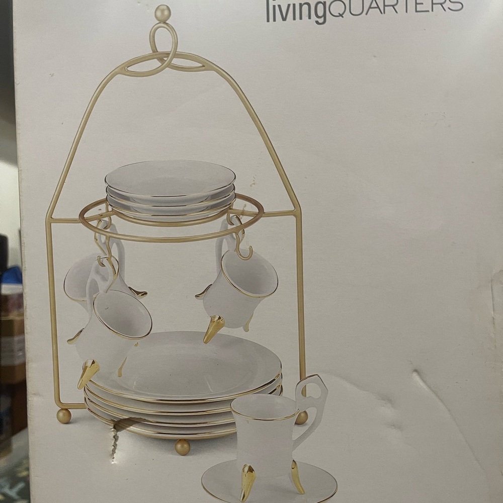 Vintage Holiday dessert server. 13 piece white cup with gold accent and saucers.